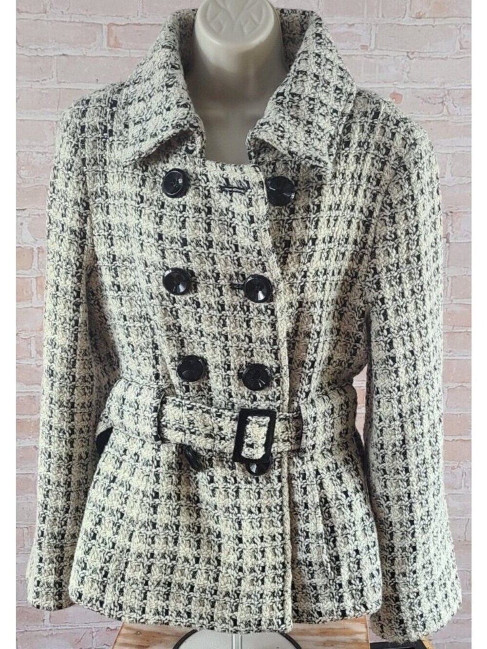 Via Spiga Wool Blend Mid Length Lined Belt Black/Cream Coat Jacket Women's Large